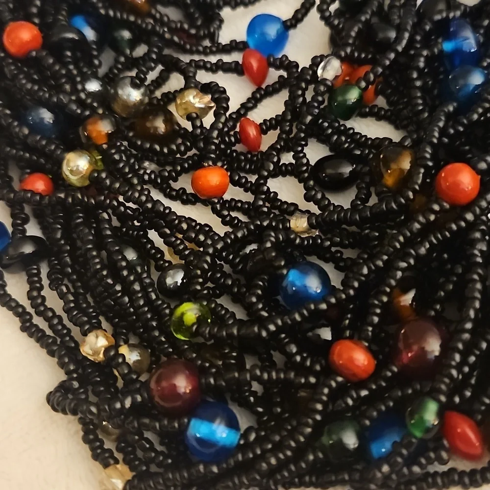 Vintage Indian Black and Multicolor Rainbow Glass Beaded Multi-strand Necklace